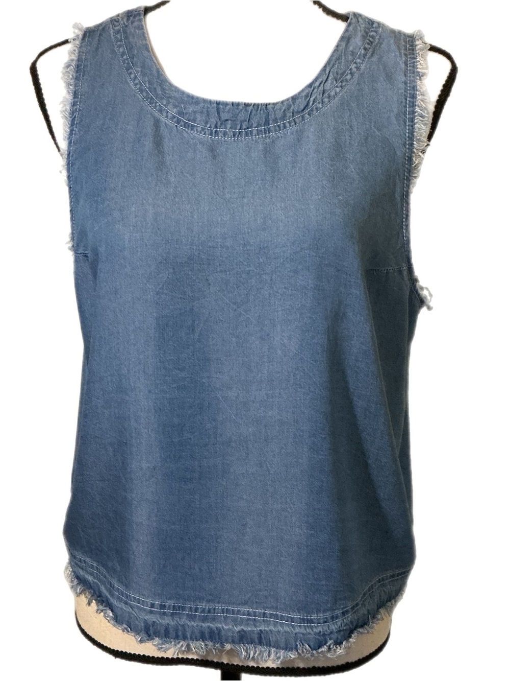 Thread & Supply L Denim Sleeveless Fringe Tank Top - Blue 100% Tencel